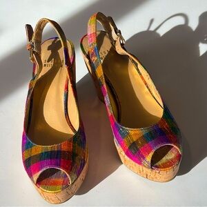 STUART WEITZMAN  WINSEL TINSEL PLAID GOLD THREADS~CORK WEDGE SHOES size 6.5